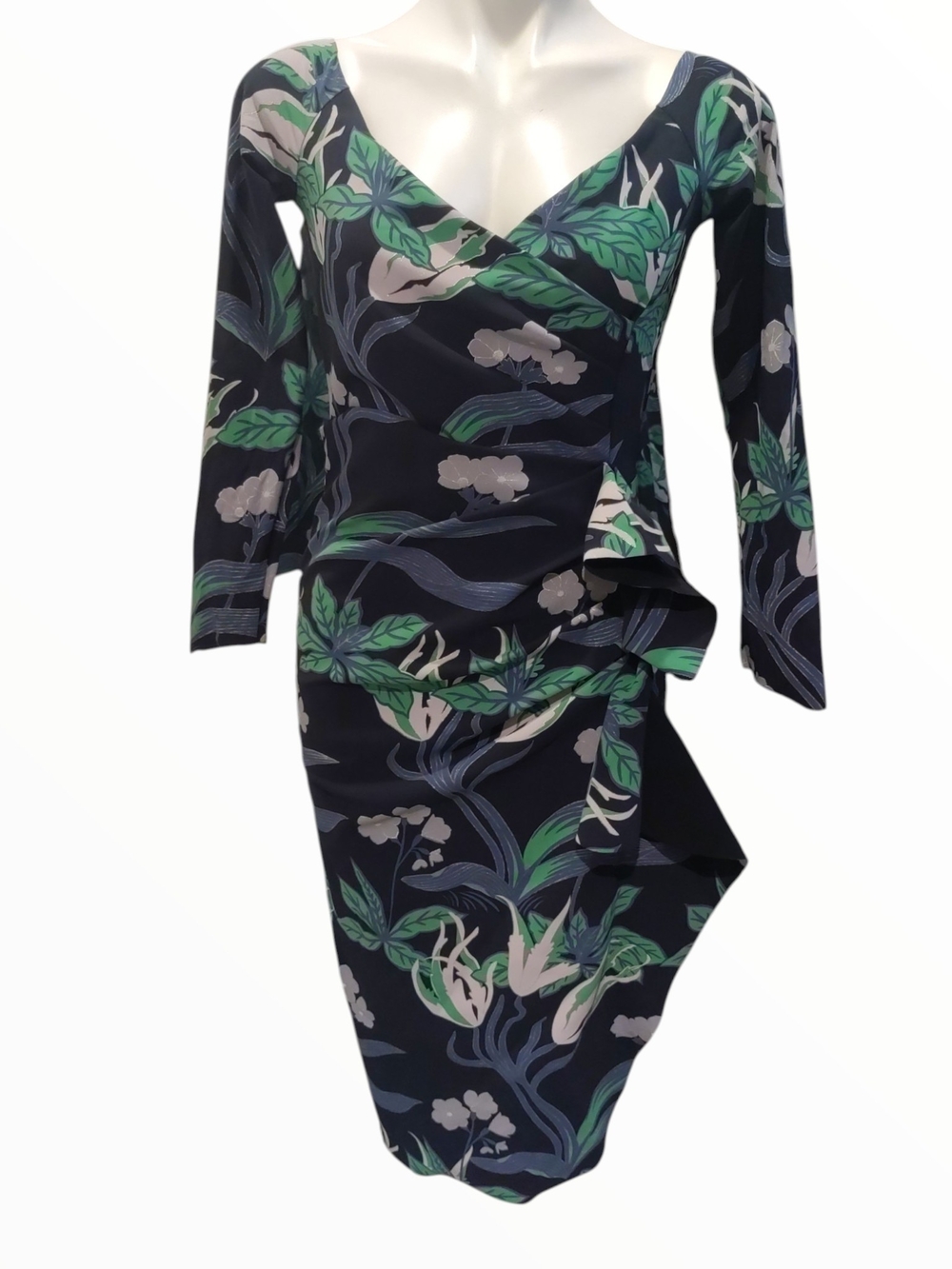 Chiara Boni La Petite Robe Size 44 Navy Floral V-Neck 3/4 Sleeve Sheath